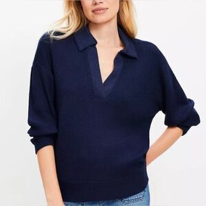 NWT Loft Waffle Collared V-Neck Top in Sailor Navy Size XL